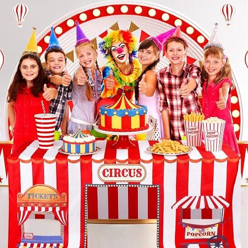 Breling 6 ft Circus Tablecloths Carnival Birthday Party Decorations Popcorn Booth Fitted Tablecloths Fort Tent 72 x 30 Inch Rectangle Washable Polyester Table Cover Party Supplies thumbnail 4