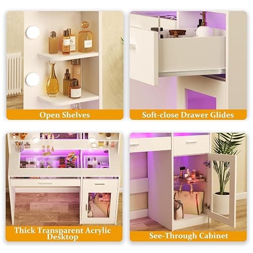 HUAHUU Vanity Desk with Mirror and Lights, Makeup Vanity Desk with Lights 3 Colors, Transparent Top Vanity with 2 RGB Drawers, 6 Shelves, Large Tempered Cabinet, Power Outlet, for Bedroom, White thumbnail 5