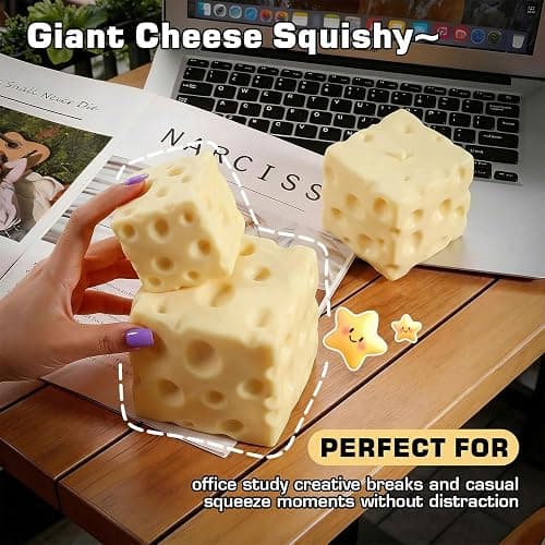 Cheese Squishy Toys, Slow Rising Stress Relief Gifts for Adults, 2.96Inch | Soft Cheese Squishy Help Calm Anxiety. Easy to Clean, Portable, Safe TPR Material. Ideal for Office Home Travel, Light Yellow thumbnail 4