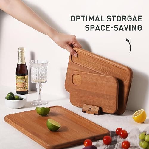 3 Packs Bamboo Cutting Board Set with Holder Nice Solid Thick Wood Deep Juice Groove & Built-in Handles Chopping Board Large Big Small Best Hardwood Kitchen Counter Organic Vegetable Meat BBQ Kit thumbnail 8