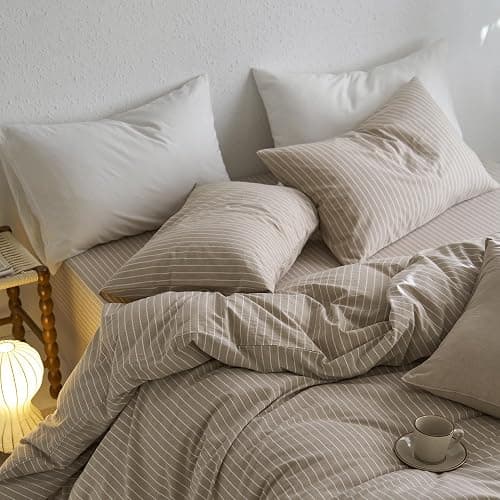 MooMee Bedding Pillowcases Striped Pack of 2 100% Washed Cotton Linen Like Textured Breathable Durable Soft Comfy (Tannish Linen Grey White Wide Stripes, Standard) thumbnail 4