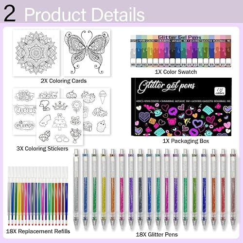Glitter Pens 18 Colors with 18 Refills, Retractable Glitter Gel Pens for Adult, Vibrant Sparkle Metallic Colored Gel Pens Suitable for Coloring Books Doodling Drawing Journaling Note Taking Writing thumbnail 2