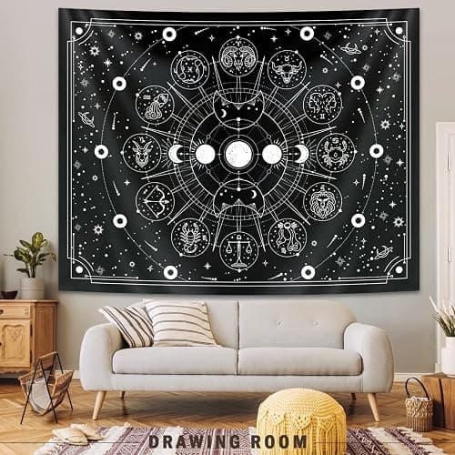 Sun Moon Zodiac Tapestry Wall Hanging, Stars Space Tarot Tapestries, Psychedelic Black and White Tapestry for Bedroom Aesthetic Home Wall Room Decor (Mysterious Zodiac 29x39 inches) thumbnail 2