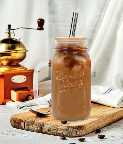 ANOTION Mason Jar with Lid and Straw, 24 oz Regular Mouth Mason Jars with Handle Drinking Glasses Tumbler Reusable Cups Smoothie Water Bottles for Iced Coffee (Classic 2 cups Style) thumbnail 6