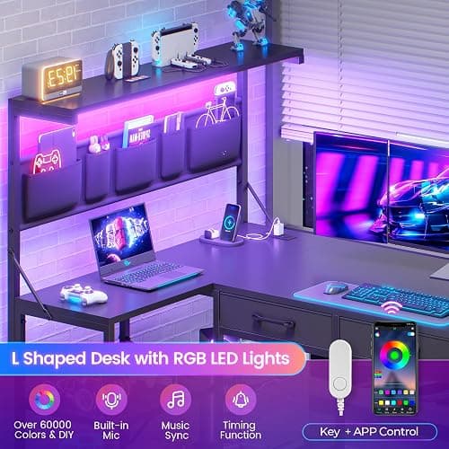 SEDETA L Shaped Gaming Desk, 47.2" Reversible Small Computer Desk with 5 Drawers and Storage Shelves, Corner Gaming Desk with LED Lights and Power Outlet, Black thumbnail 4