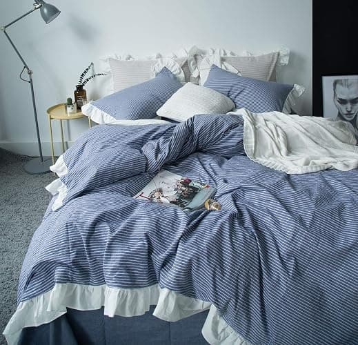 SUSYBAO Blue White Striped Duvet Cover Queen 100% Washed Cotton Denim Blue Ruffle 3 Pieces Set 1 Cute White Lace Duvet Cover with Zipper Ties 2 Pillow Shams Denim Ruffled Bedding Set thumbnail 3