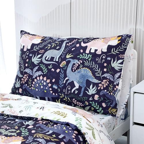 Pea Pod 4 Piece Dinosaur Toddler Bedding Set for Boys, Premium Blue Toddler Comforter Set Crib Sheets Set Includes Flat Top Sheet, Fitted Sheet, Comforter, Envelope Pillowcase,Ultra Soft thumbnail 5