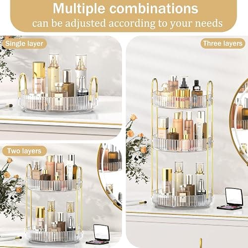 MOKANI 360 Rotating Makeup Organiser, 3 Tiers Spinning Skincare Organiser, Multi-Function Make Up Storage, Large Capacity Cosmetic Perfume Stand for Vanity, Bathroom and Bedroom - Transparent thumbnail 4