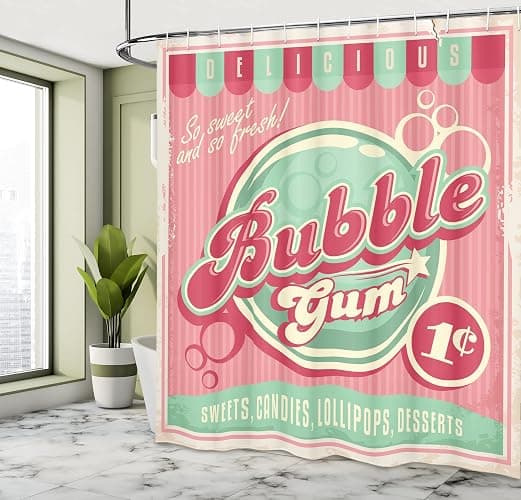 Lunarable Retro Shower Curtain, Advertisement for Candy Shop with Pastel Stripes Background Eighties Design, Cloth Fabric Bathroom Decor Set with Hooks, 69" W x 70" L, Pink and Mint Green thumbnail 5