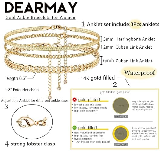 DEARMAY Gold Anklets for Women Waterproof | Non Tarnish14K Gold Plated Ankle Bracelets Set Stack, Summer Beach Jewelry Gifts for Vacation thumbnail 7