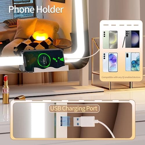 Hasipu Vanity Mirror with Lights, 35.4" x 23.6" LED Makeup Mirror, Light up Mirror with 10X Magnification and Phone Holder, USB Charging Port, Smart Touch 3 Colors Dimmable (White) thumbnail 3