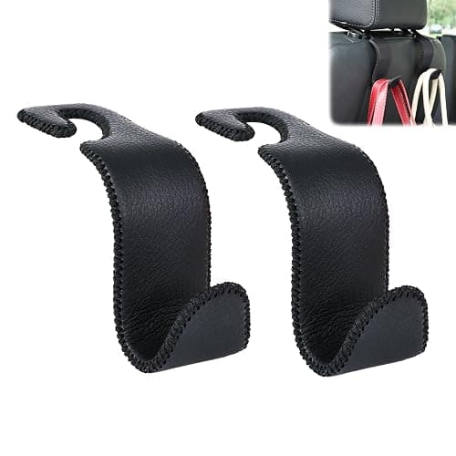 Amooca Car Seat Headrest Hook Universal Vehicle Storage Hanger Leather with Metal Car Seat Back Organizer for Handbag Purse Coat Black 2 Pack - Image 1