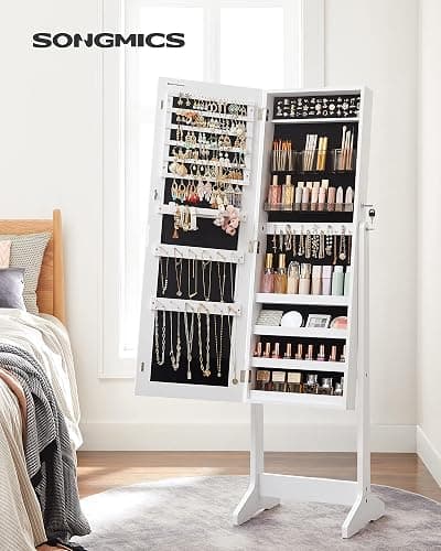 SONGMICS Jewelry Cabinet Armoire, Freestanding Lockable Storage Organizer Unit with 2 Plastic Cosmetic Storage, Full-Length Frameless Mirror, for Necklace Earring, White UJJC002W01 thumbnail 3