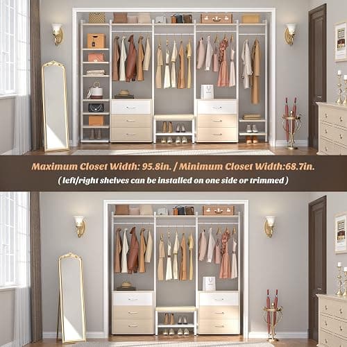 Aheaplus 8FT Closet Organizer Systems with 6-Drawers, 96'' Wood Closet Organizer with Storage for Walk in Closets, Clothing Rack Wardrobe Closet Garment Rack for Hanging Clothes, Bedroom, White Oak thumbnail 5