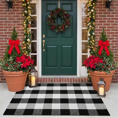SEEKSEE Fall Decor Buffalo Plaid Outdoor Rug 27.5x43 Black and White Front Door Mat, Layering Rug for Porch, Washable Doormat, Cotton Area Rug for Outdoor Entrance Entryway Patio Porch Decor thumbnail 5