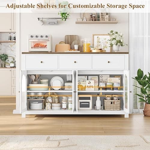 FINETONES Buffet Cabinet with Storage, 55.1" Large Sideboard Buffet Cabinet, Farmhouse Kitchen Cabinets with 3 Drawers and 4 Doors, Wood Coffee Bar for Kitchen Dining Room thumbnail 6