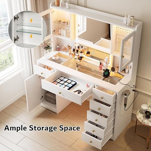 iPormis Vanity Desk with Mirror and Lights, Glass Top Makeup Vanity with RGB Light and Power Outlet, Dressing Table Mirror with 3 Lighting Colors, 7 Drawers, 3 Cabinets, White Vanity for Bedroom thumbnail 3