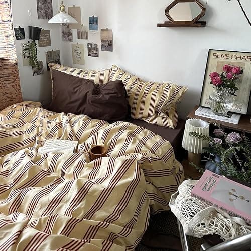 MKXI Queen Size Reddish-Brown & Yellow Striped Duvet Cover Set - 3 Piece Vintage Aesthetic Bedding Set, Cotton, Minimalist Design, Soft & Breathable Duvet Cover with Zipper Ties thumbnail 6