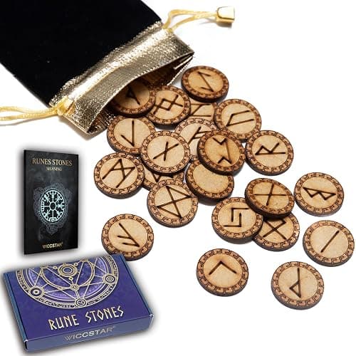 WICCSTAR Runes Stones set. Wooden Engraved 25 Pieces with 5 different layouts & Rune Meaning booklet - Image 1