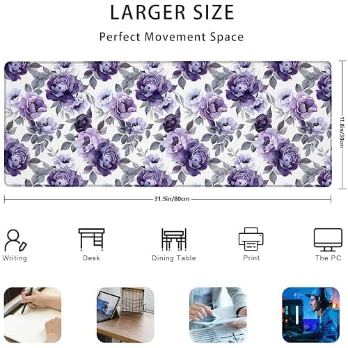 Purple Floral Mouse Pad Gifts 31.5" x 11.8", Non-Slip Rubber Base MousePads for Computers Laptop School Office Home Accessories Decor, Mouse Pad, Keyboard Desk Mat thumbnail 3