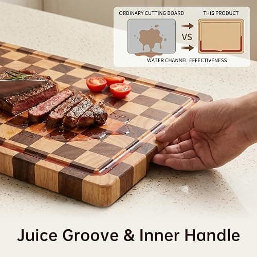 THETCHRY Cutting Boards for Kitchen, Checkered Cutting Board Upgraded, Acacia Wood Chopping Board with Juice Grooves & Handles, Large Butcher Block Serving Tray with Gift Box, 17"X12"X0.8" thumbnail 4