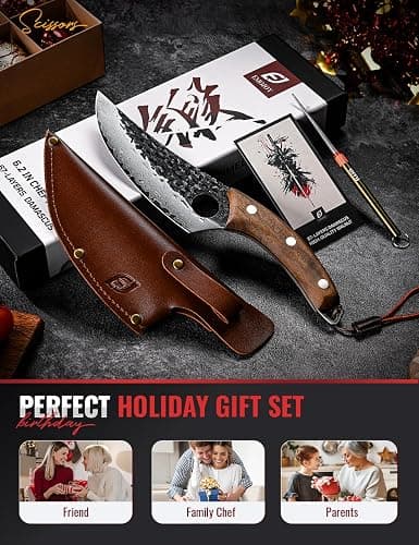 Emojoy Damascus Chef Knife, 67-Layer Damascus Steel Kitchen Knife with Black Hammered Finish, Japanese Knives for Home, Outdoor Cooking, BBQ, Include Gift Box, 6.3 Inch thumbnail 6