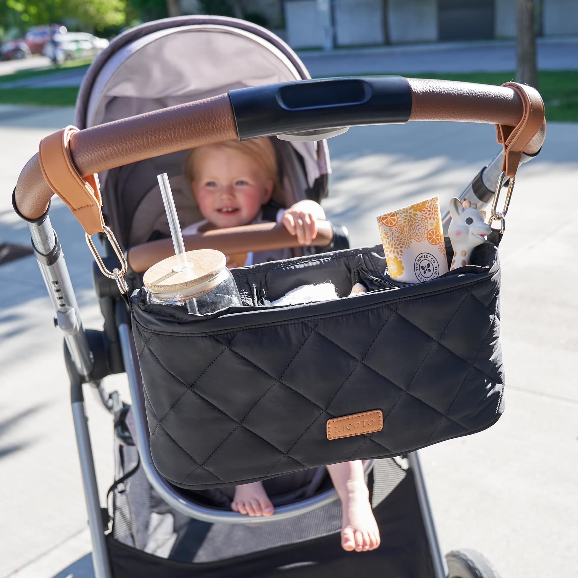 ZICOTO Beautiful Stroller Organizer Bag - Easy to Install Stroller Caddy incl. Cup Holder Attachment - Perfectly Sized Accessories For Any Stroller thumbnail 2