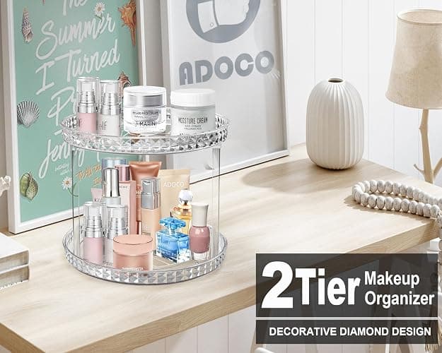 2 Tier Diamond Lazy Susan Bathroom Organizer Countertop, Clear 360 Rotating Cosmetic Makeup Organizer for Vanity, Skincare Organizers Perfume Organizer for Counter - Organization and Storage -9.25INCH thumbnail 4
