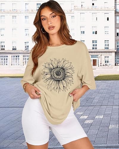 Womens Oversized Tshirt Graphic Tees Crew Neck Summer Short Sleeve Loose Fit Tops - Small - A-sunflower Print Khaki thumbnail 6