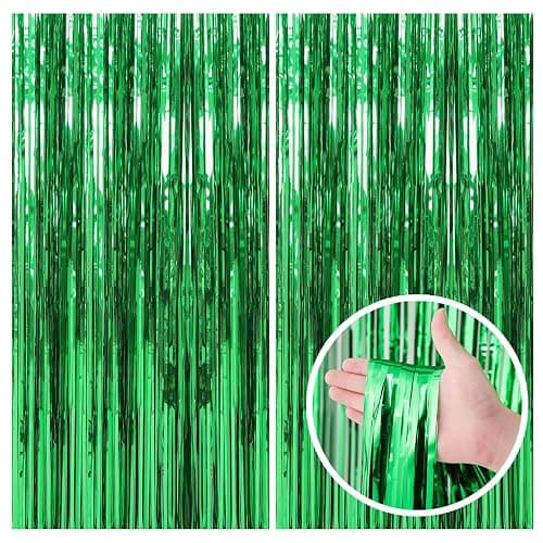 2 Pack Green Streamers Backdrop Jungle Party Decorations Foil Fringe Backdrop Curtains Photo Booth Backdrop for Birthday Dinosaur Animal St Patrick's Day Football Christmas Party Decorations - Image 1