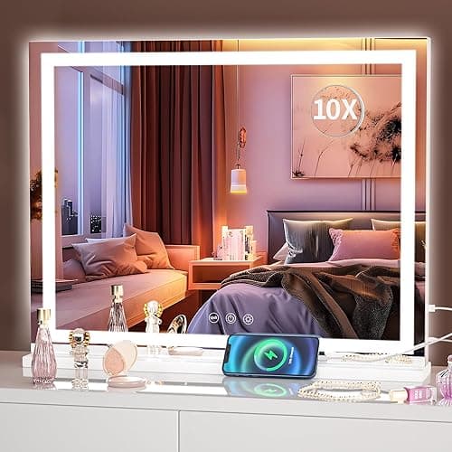 Hasipu Vanity Mirror with Lights, 23" x 18" LED Makeup Mirror, Lighted Makeup Mirror with Dimmable 3 Modes, Touch Screen Control Vanity Mirror Square White - White - 23"L x 18"W