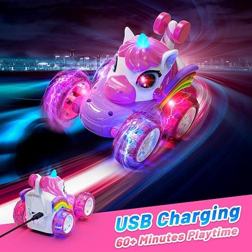 Carsky Unicorn Remote Control Car for Girls,Rechargeable 360°Stunt RC Cars Rotation 4WD Remote Cars with LED Lights,Fun Indoor Outdoor Toys for Kids,Chritmas Birthday Gift for 3 4 5 6 Year Old Girl thumbnail 6