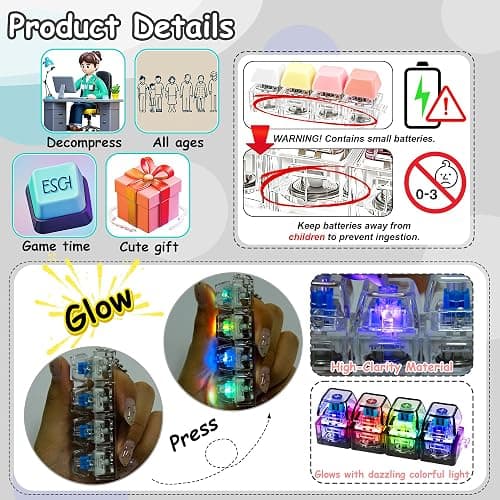 2 PCS Keyboard Fidget Toy, Keyboard Fidget with LED Light Keychain 4-in-1 Keyboard Decompression Button Finger Clicker Toys, Button Stress Relief Fidget for Kids Women(Clear Black) thumbnail 3