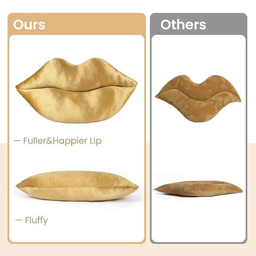 AELS 3D Large Lips Throw Pillows, Soft Decorative Love Pillows, Velvet Cute Pillow, 24 x 12 inches for Couch, Sofa, Bed, Living Room, Bedroom, Bronze Gold thumbnail 4