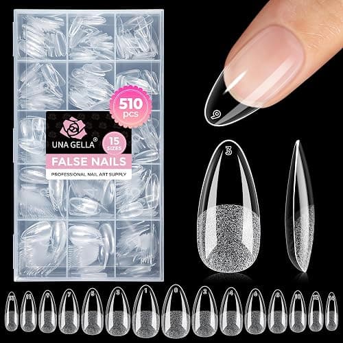 UNA GELLA 510Pcs Almond Gel Nail Tips 15 Sizes Pre-Etched Full Cover | Almond Clear Press on Nails Acrylic False No C Curve Nail Tips for Press on Nail Extensions Home DIY Salon - Image 1
