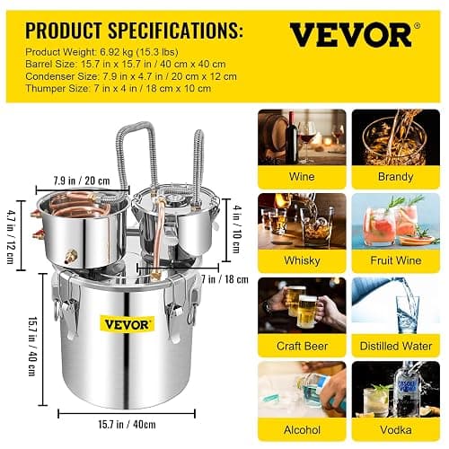 VEVOR Alcohol Still 13GAL/50L, Alcohol Distiller with Thumper Keg, Distillery Kit for Alcohol with Copper Tube & Build-in Thermometer & Water Pump thumbnail 8