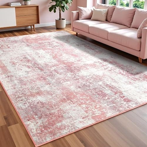 Macgace Washable Abstract Rug, 6x9 Modern Area Rugs with Non-Slip Rubber Backed for Living Room, Thin but Soft Contemporary Carpet Kitchen Bedroom Dining Room Decor, Pink - Image 1