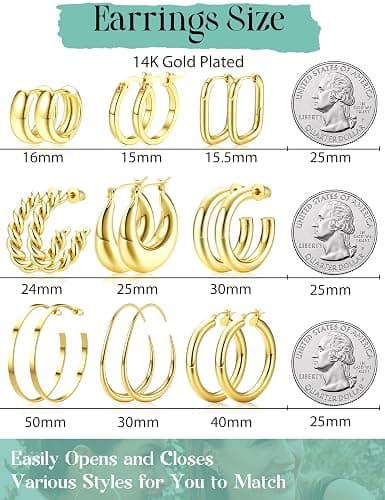 ORAZIO Gold Plated Chunky Hoop Earrings Set for Womens Trendy Silver Dainty Huggie Stacks Lightweight Hoops Earring Tarnish Free Jewelry for Women thumbnail 2