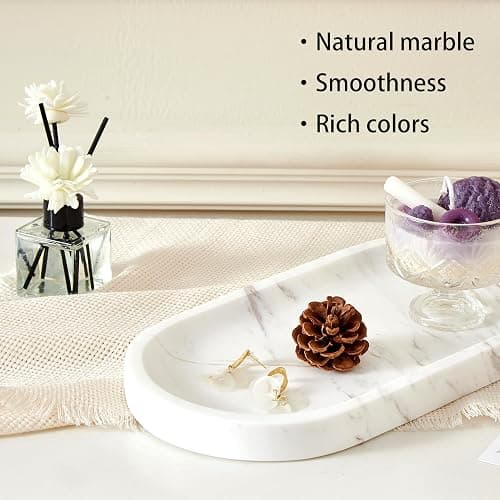 Denique Natural Marble Bathroom Tray, 12"x6" Vanity Tray White Marble Decorative Tray, Countertop Organizer for Perfume & Candles, Jewelry Dish Ring Holder for Bathroom Counter, Vanity, Dresser thumbnail 5