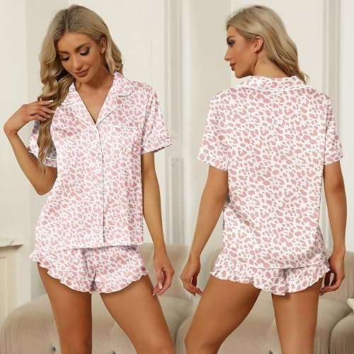 SAPJON Satin Silk Pajamas for Women 2Pcs Ruffle Notch Collar Sleepwear Button Down Short Sleeve Shorts Pjs Set Loungewear thumbnail 2