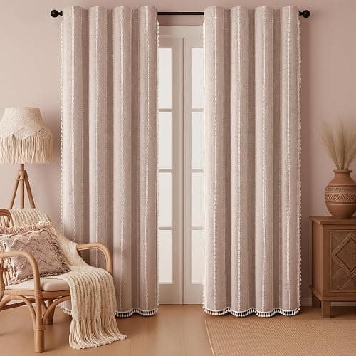 Taupe Boho Blackout Curtains 2 Panels 84 Inch for Living Room Bedroom, Blush Beige Warm Linen Texture Farmhouse Curtains with Tassels and White Cotton Embroidery Vintage Rustic Country Western thumbnail 2