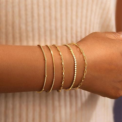 Gokeey Gold Bracelets for Women Trendy,14K Gold Plated Dainty Stackable Paperclip Cuban Link Chain Bracelets, Simple Cute Cuff Bracelets Jewelry Set Adjustable 7"+2" thumbnail 2