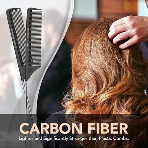 Professional 8.8 Inch Tail Comb - Black Carbon Fiber And Stainless Steel Pintail - Anti Static And Heat Resistant Teasing Lightweight Comb For All Hair Types thumbnail 4