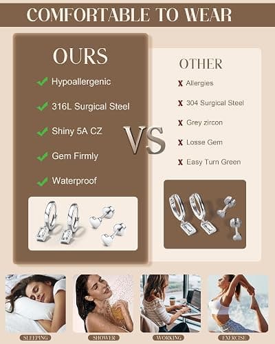 Dochais 13 Pairs 14K Gold Silver Earring Set for Women Hypoallergenic 316L Surgical Steel Stud Hoop Flat Back Cartilage Earrings for Multiple Piercings Dainty Huggie Jewelry thumbnail 6