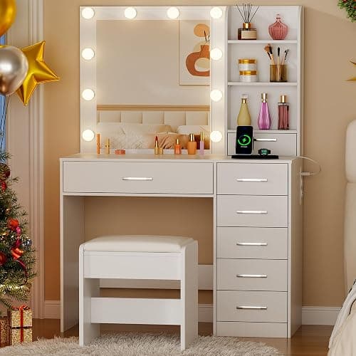 BEWISHOME Dressing Table with Mirror and LED Lights,Vanity Desk with Stool | Adjustable Brightness,Vanity Table with Power Outlet,7 Drawers and Open Shelves,Modern Makeup Table for Bedroom,White,YFST51W thumbnail 8