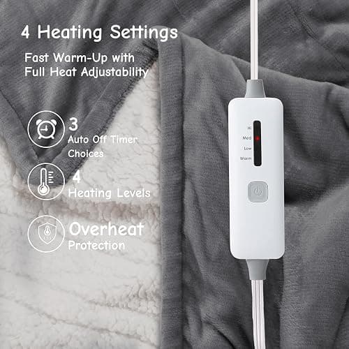Electric Heated Blanket Throw 50"x60", Soft Flannel Sherpa Heating Throw with 4 Heat Settings, 3-Hour Auto Shut-Off Timer, Grey thumbnail 4