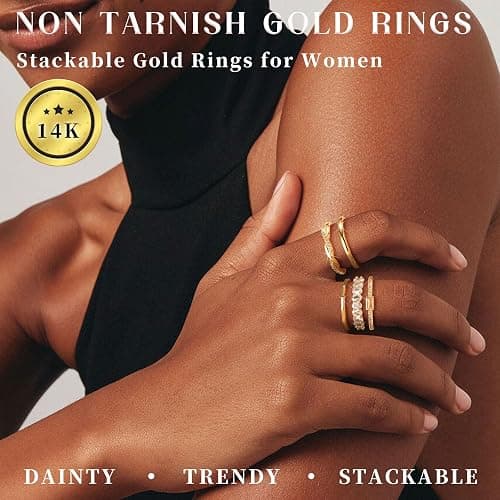 Sundurich Gold Stackable Rings for Women Non Tarnish,14K Gold Plated Minimalist Waterproof Thin Wedding Silver Stacking Band Ring Dainty Trendy Statement Rings Set Size 5-10 thumbnail 2