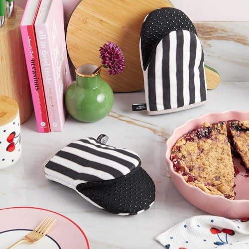 Kate Spade New York Botanical Stripe Mini Oven Mitt 2-Pack Set, 5.5" x 8", Black/Beige thumbnail 2
