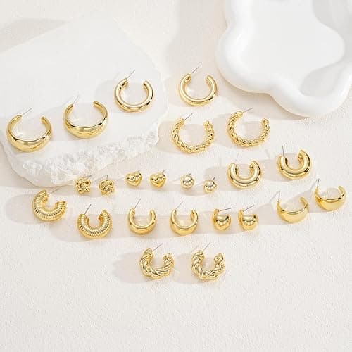 12 Pairs Chunky Gold Hoop Earrings for Women Trendy, Gold Plated Lightweight Hypoallergenic Stack, Thick Open Twisted Huggie Hoops Earring Set - Gold Chunky thumbnail 5