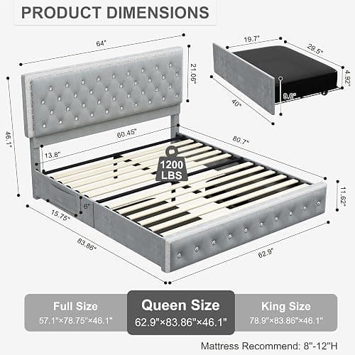Torana Queen LED Bed Frame with 2 Drawers, Soft Velvet Platform Bed with Diamond Tufted Headboard Footboard and 2 Side Pockets, Mattress Foundation with Wooden Slats Support No Box Spring Needed, Grey thumbnail 2